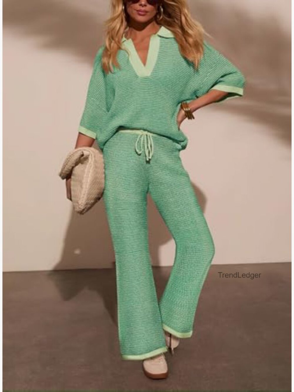 2 Piece Lounge Set Oversized V Neck Top High Waisted Pants - Picture 2 of 7